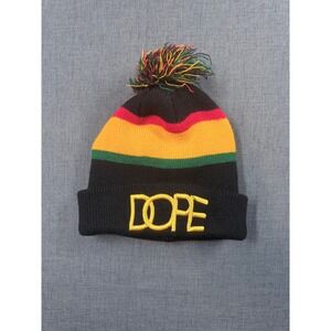 Dope Couture Rasta Stripe Beanie Hat Black Red Yellow Green Pom Pom Cuffed Knit